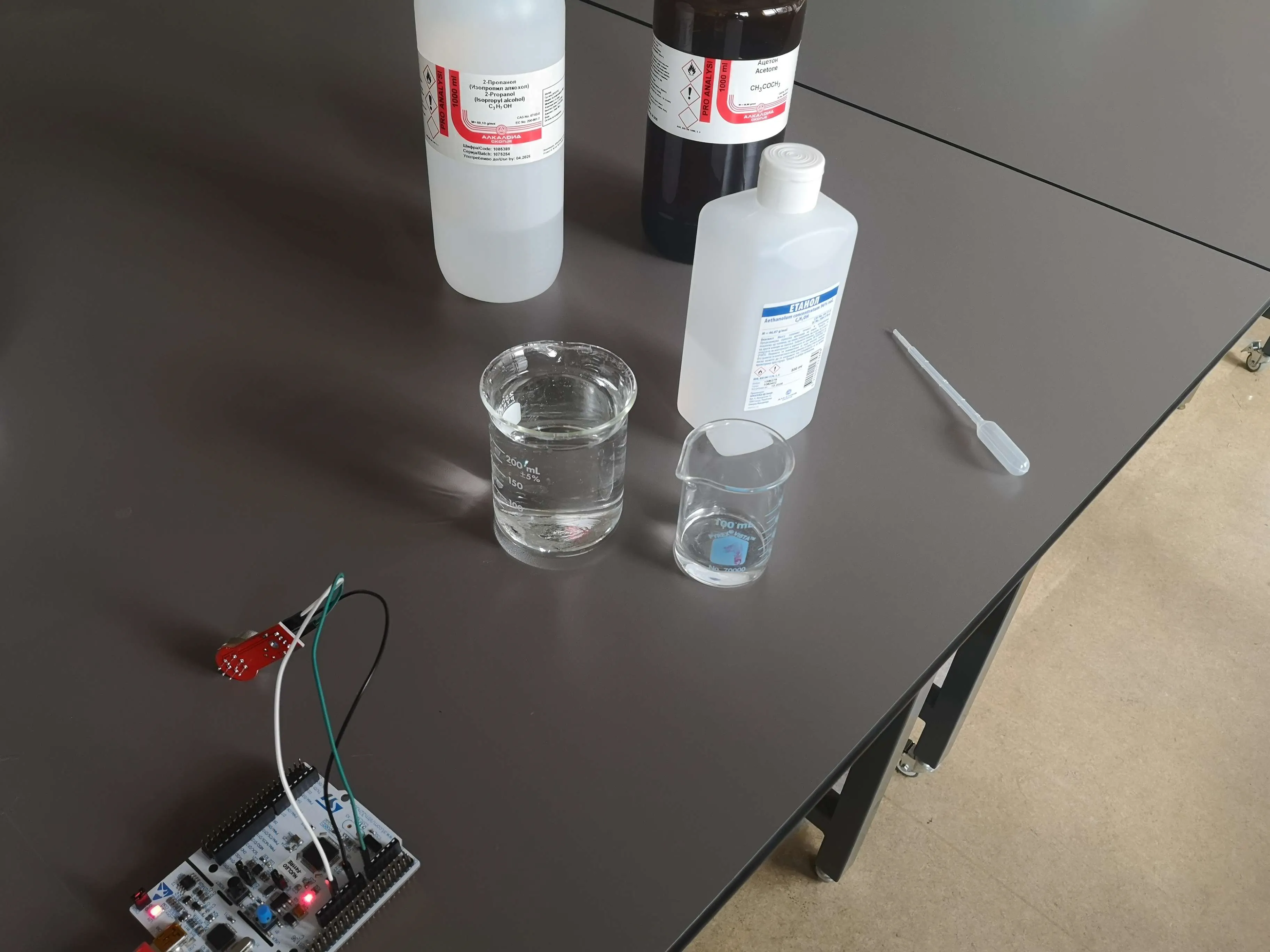 Picture of the chemicals used and how the sensor was connected