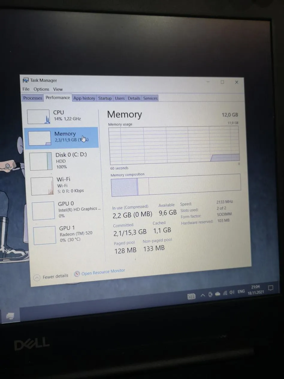 Picture of task manager showing upgraded RAM